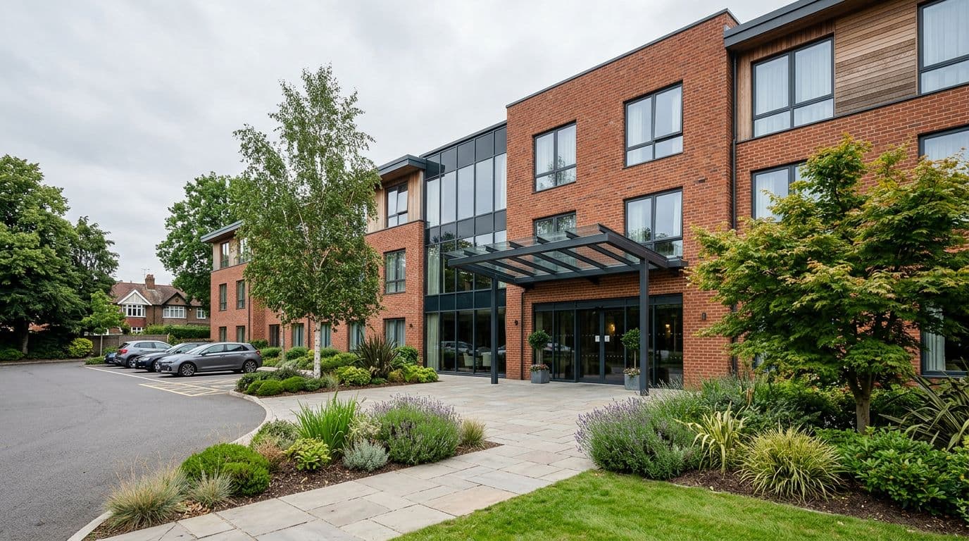 Modern hotel exterior with entrance canopy